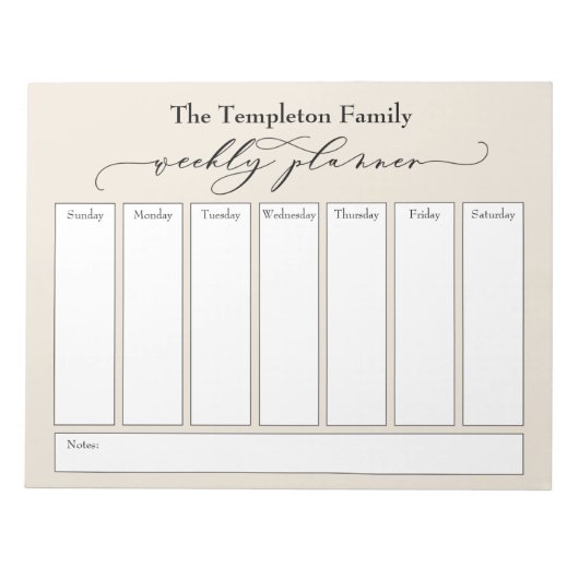 Elegantes Script Simple Weekly Planner, Cream Notizblock (Vorderseite)