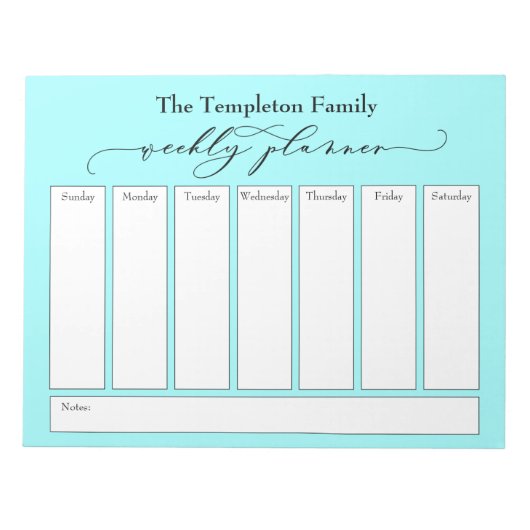 Elegantes Script Simple Weekly Planner, Light Aqua Notizblock (Vorderseite)