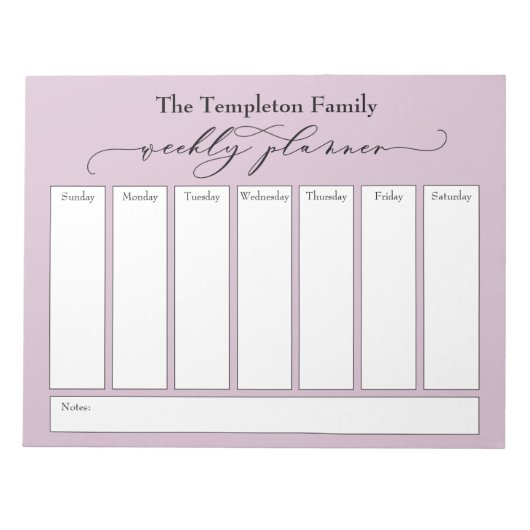 Elegantes Script Simple Weekly Planner, Mauve Pink Notizblock (Vorderseite)