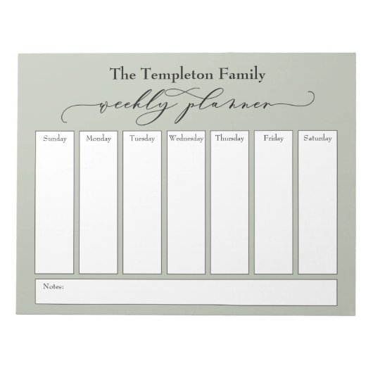 Elegantes Script Simple Weekly Planner, Sage Green Notizblock (Vorderseite)