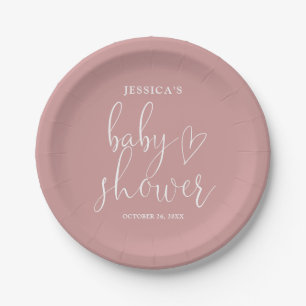 Elegantes Script Staubrose Rosa Baby Shower Pappteller