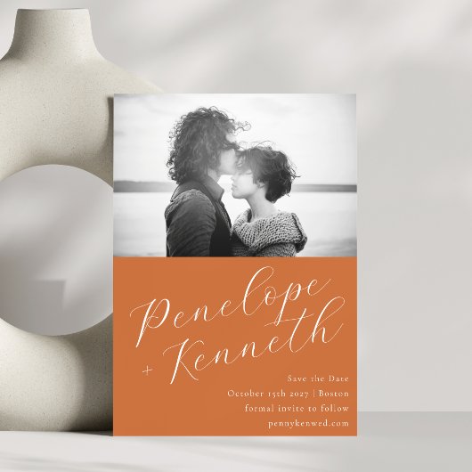 Elegantes Script Stilvolles Wedding Foto Terracott Save The Date