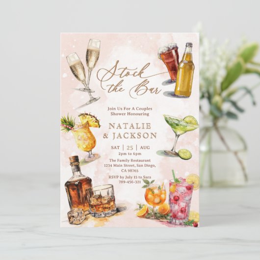 Elegantes Script Stock der Dusche der Bar Paare Einladung (Stehend Vorderseite)