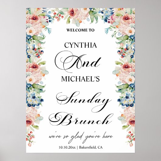 Elegantes Script 'Sunday Brunch' Hochzeit Floral Poster (Vorne)