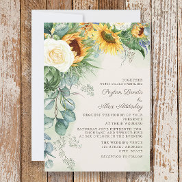 Elegantes Script Sunflowers Eukalyptus Wedding Einladung