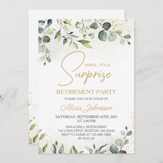 Elegantes Script Surprise Retirement Party Einladung (Vorne/Hinten)