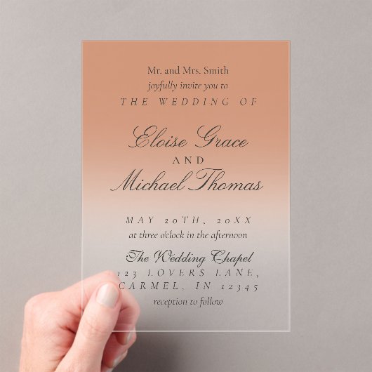 Elegantes Script Terracotta Gradient Wedding Acryleinladungen (Insitu (Handheld))