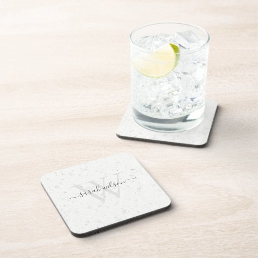 Elegantes Script Terrazzo Stone Ivory Gray Monogra Getränkeuntersetzer (Rechte Seite)