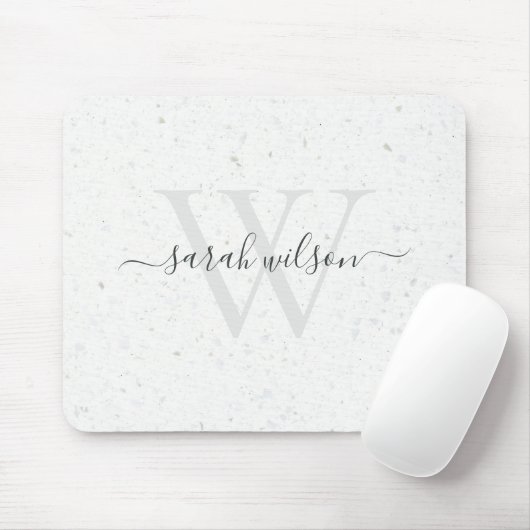 Elegantes Script Terrazzo Stone Ivory Gray Monogra Mousepad (Mit Mouse)