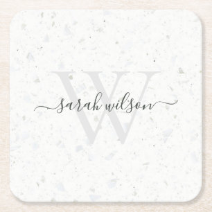 Elegantes Script Terrazzo Stone Ivory Gray Monogra Rechteckiger Pappuntersetzer