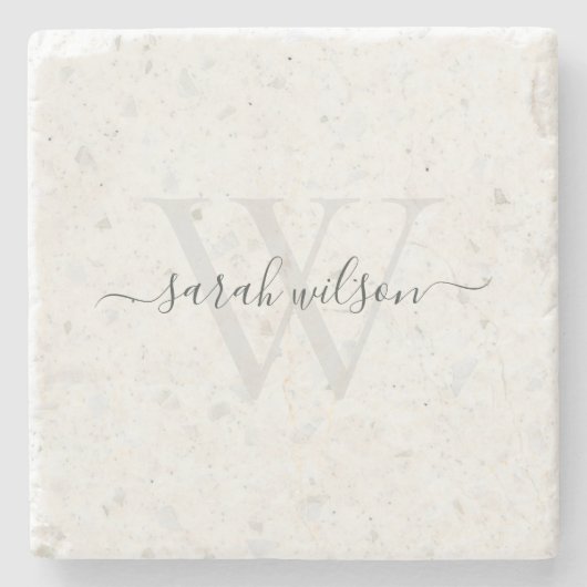 Elegantes Script Terrazzo Stone Ivory Gray Monogra Steinuntersetzer (Vorderseite)