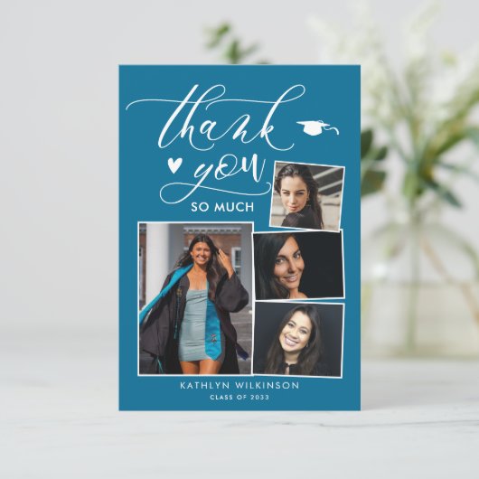 Elegantes Script Türkis Chic 4 Foto Abschluss Dankeskarte (Stehend Vorderseite)