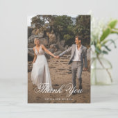 Elegantes Script Two Foto Wedding Dankeskarte (Stehend Vorderseite)