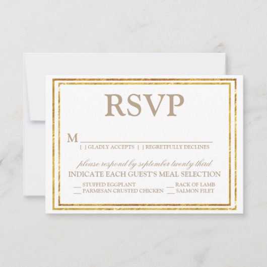Elegantes Script und Gold Border Wedding RSVP (Vorderseite)