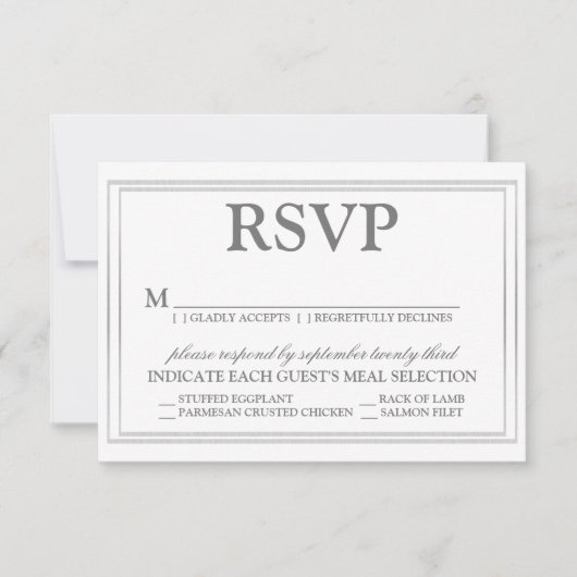 Elegantes Script und Silver Border Wedding RSVP Karte (Vorderseite)