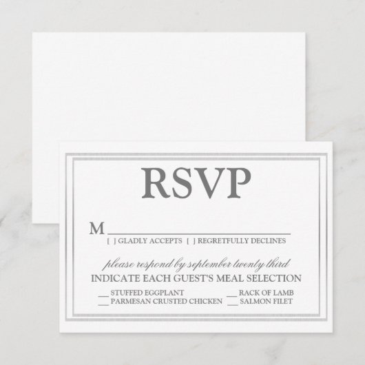 Elegantes Script und Silver Border Wedding RSVP Karte (Vorne/Hinten)