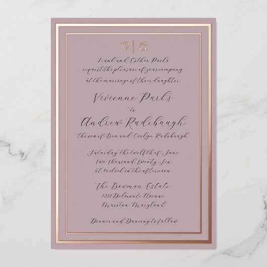 Elegantes Script verbrannt Lavender Folieneinladung (Vorderseite)