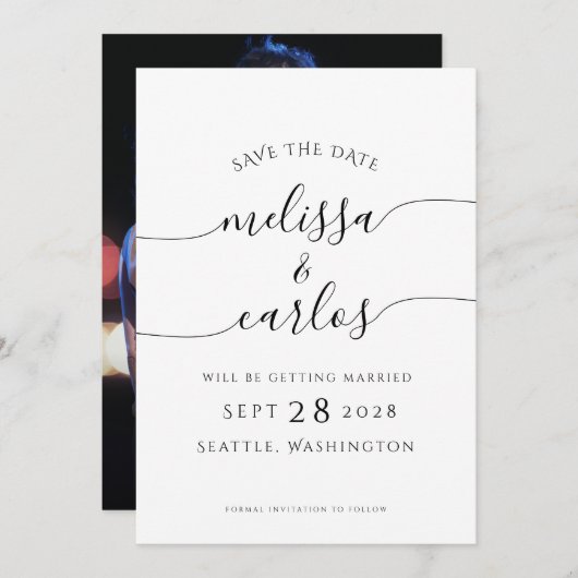 Elegantes Script-Verlobung-Foto Einfach Gerettet Save The Date (Vorne/Hinten)