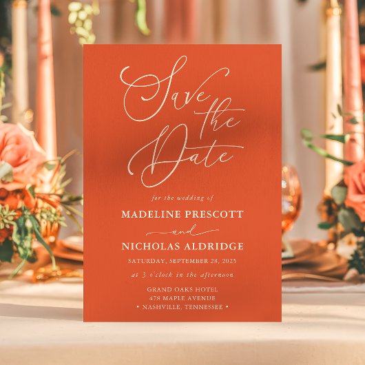 Elegantes Script Verona Sunset Orange Save the Dat Einladung