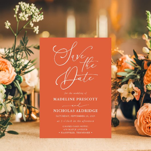 Elegantes Script Verona Sunset Orange Save the Dat Einladung