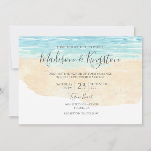Elegantes Script Watercolor Beach Hochzeitsempfang Einladung (Vorderseite)