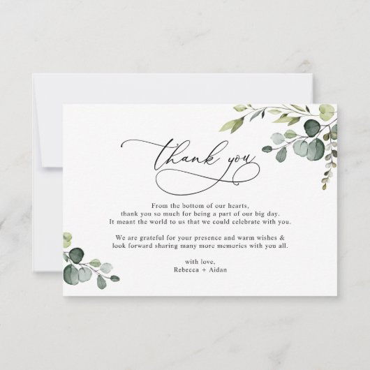 Elegantes Script Watercolor Greenerity Wedding Fot Dankeskarte (Rückseite)