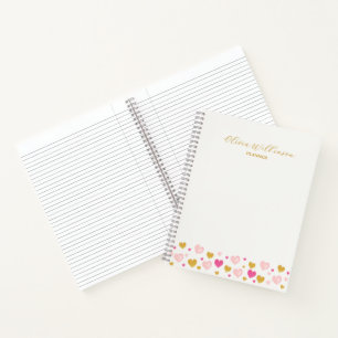 Elegantes Script Watercolor Hearts Off-White & Gol Notizblock