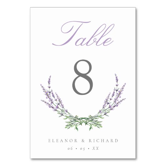 Elegantes Script Watercolor Lavender Wedding Tischnummer (Rückseite)