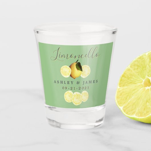 Elegantes Script Watercolor Lemon Wedding Limoncel Schnapsglas (Vorderseite)