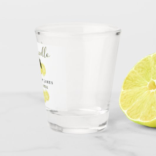 Elegantes Script Watercolor Lemon Wedding Limoncel Schnapsglas (Rechts)