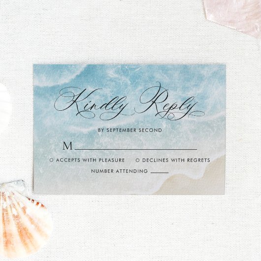 Elegantes Script Watercolor Ocean Beach Hochzeit RSVP Karte