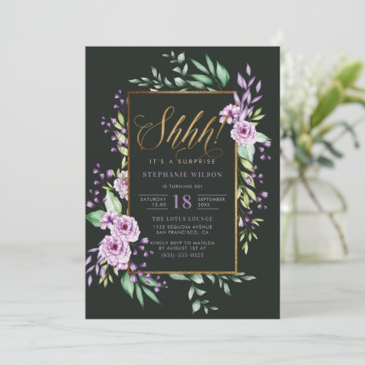 Elegantes Script Watercolor Überraschung Geburtsta Einladung (Stehend Vorderseite)