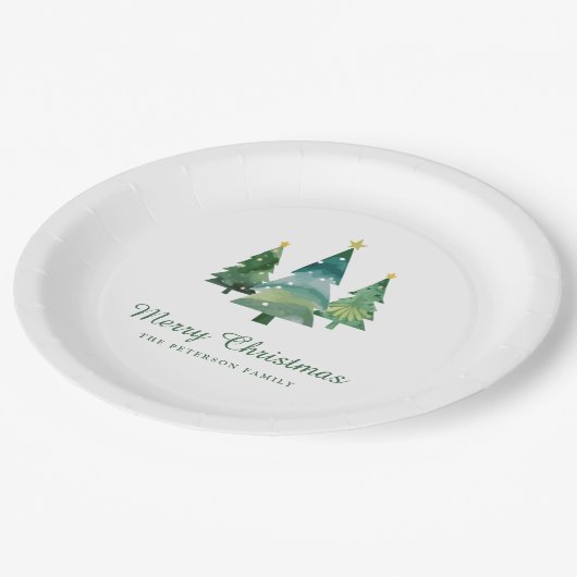 Elegantes Script Watercolor Weihnachtsbaumen Pappteller (Schrägansicht)
