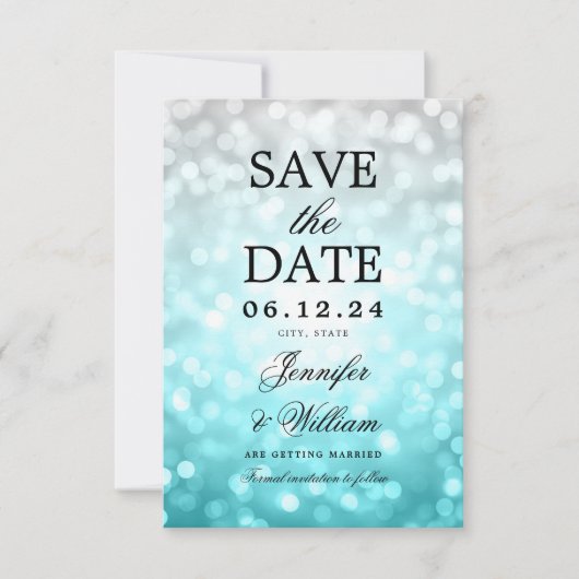 Elegantes Script Wedding Beach Bokeh Lights Save The Date (Vorderseite)