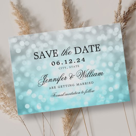 Elegantes Script Wedding Beach Bokeh Lights Save The Date