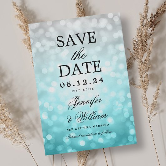 Elegantes Script Wedding Beach Bokeh Lights Save The Date