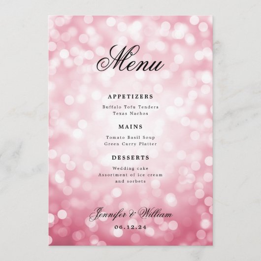 Elegantes Script Wedding Blush Pink Bokeh Lights Menükarte (Vorderseite)