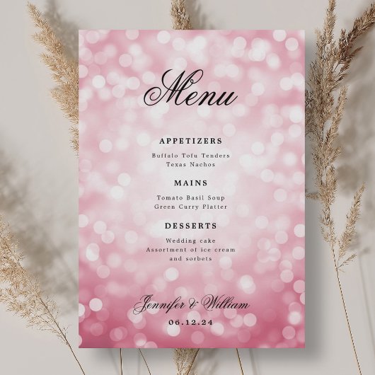 Elegantes Script Wedding Blush Pink Bokeh Lights Menükarte