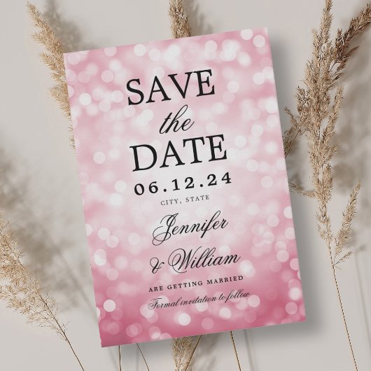 Elegantes Script Wedding Blush Pink Bokeh Lights Save The Date