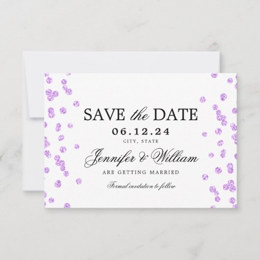 Elegantes Script Wedding Confetti Lila Save The Date (Vorderseite)