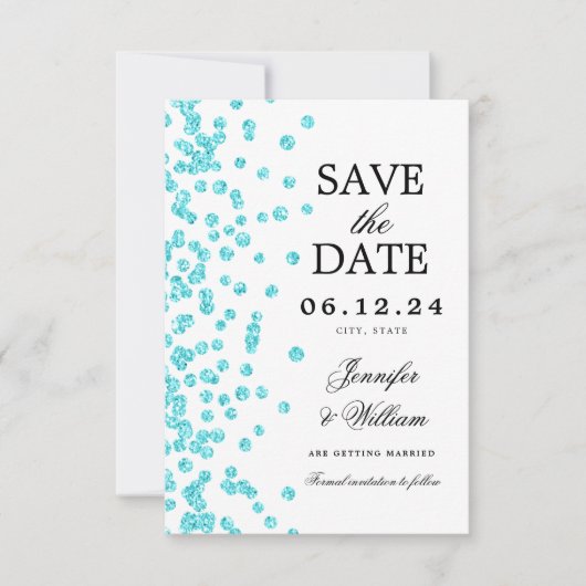 Elegantes Script Wedding Confetti Türkis Save The Date (Vorderseite)
