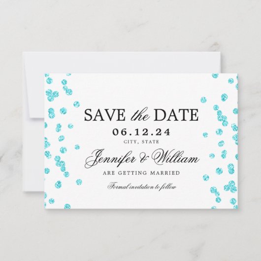 Elegantes Script Wedding Confetti Türkis Save The Date (Vorderseite)