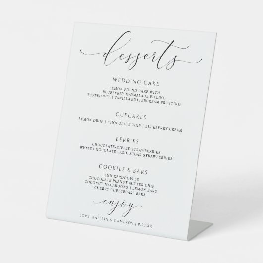 Elegantes Script Wedding Dessert Bar Menu Sockelschild (Vorderseite)