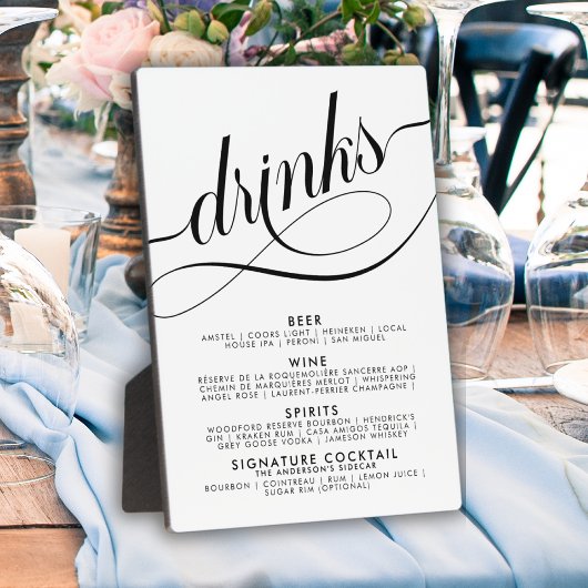 Elegantes Script Wedding Drinks Bar Menu Fotoplatte