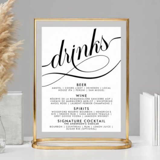 Elegantes Script Wedding Drinks Bar Menu Poster