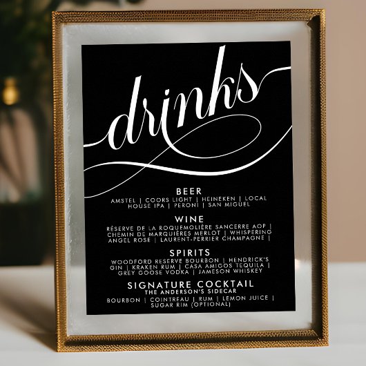 Elegantes Script Wedding Drinks Bar Menu Poster