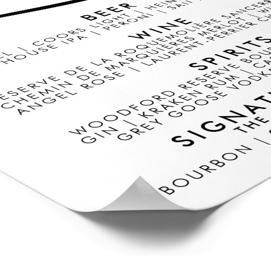 Elegantes Script Wedding Drinks Bar Menu Poster (Ecke)