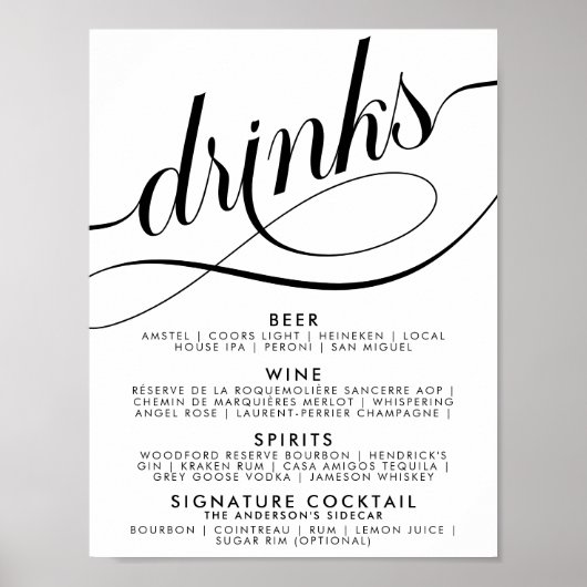 Elegantes Script Wedding Drinks Bar Menu Poster (Vorne)