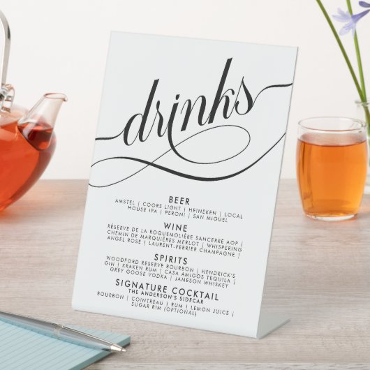 Elegantes Script Wedding Drinks Bar Menu Poster Sockelschild (In Situ)