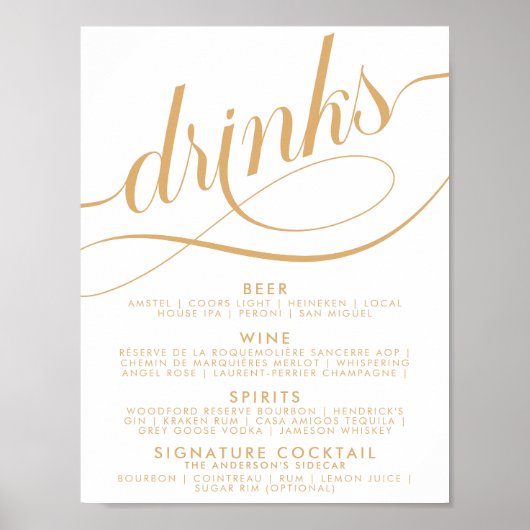 Elegantes Script Wedding Drinks Gold Bar Menu Poster (Vorne)